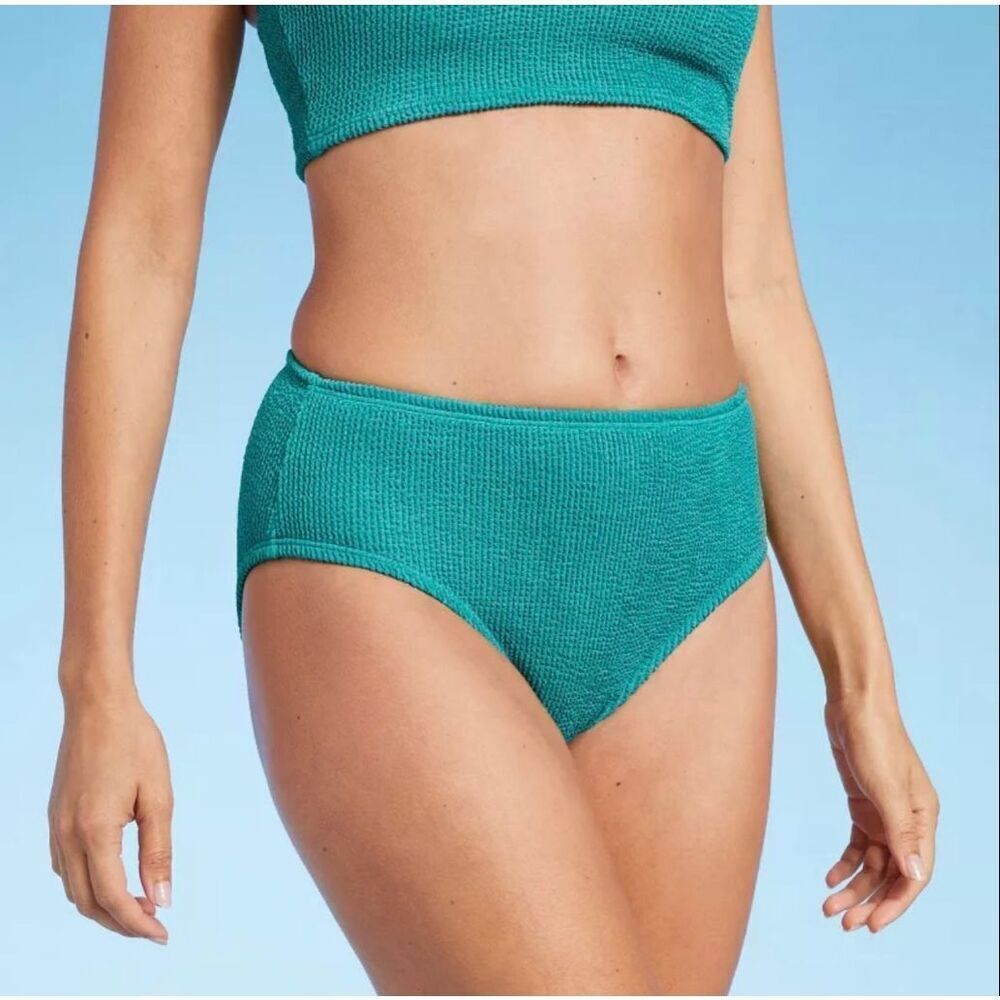 🌸 Kona Sol Women’s Teal Green Blue Mid Rise Textured Bikini Bottom Size Large